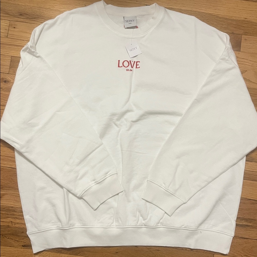 NWT Seint “Love” White Oversized Crewneck w/garment bag Valentine’s Day Crewneck